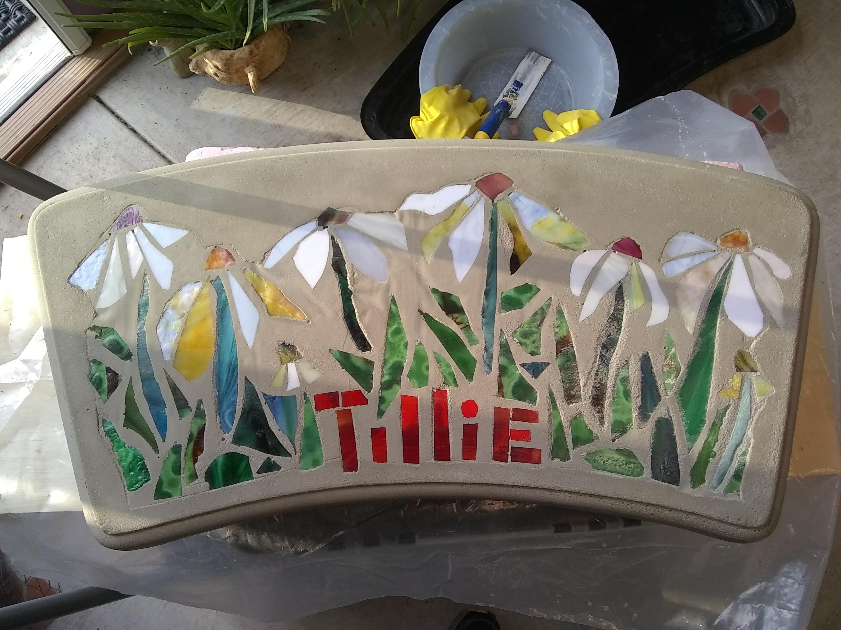 Tillie's Garden mosaic bench top by Jeannette Brossart, cast concrete glass mosaic, private commission